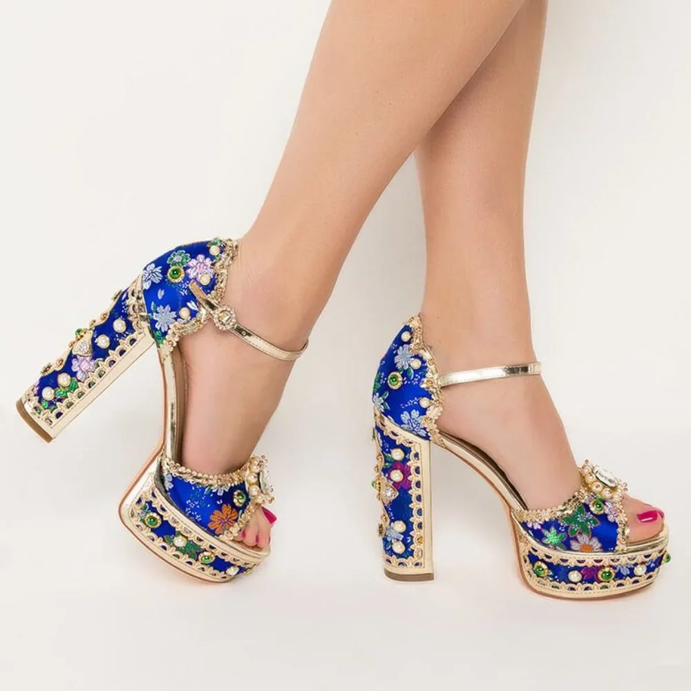 SOLD OUT ❤️ Callie Xhibit: Museum Platform Jeweled Tapestry Gold Pearl Heels 11 - Picture 4 of 5